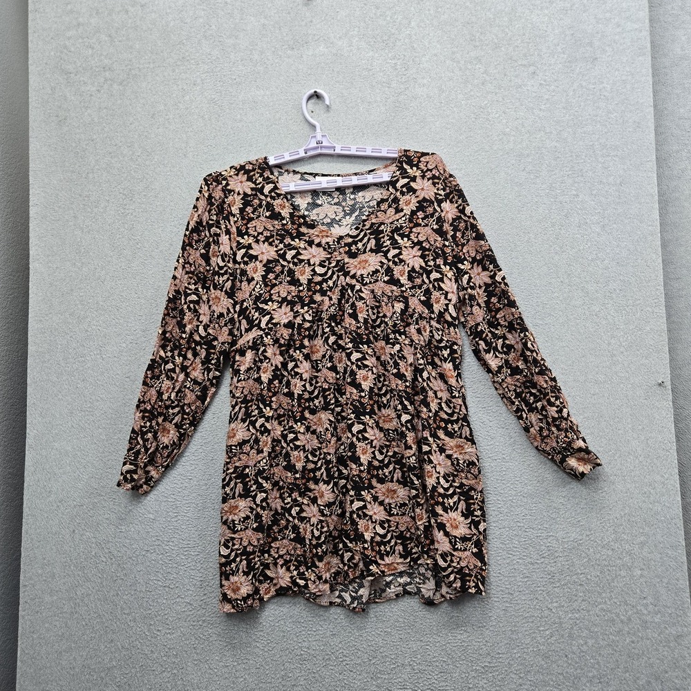 Knox Rose Women Dress XL Black Floral Ruffle V-Neck Pullover Tunic